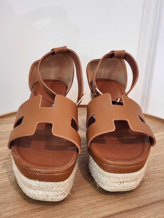 Hermes Shoes - Hermes Elda Tan Leather Platform Espadrille Wedge Strap Heels Size 39 / 8-8.5